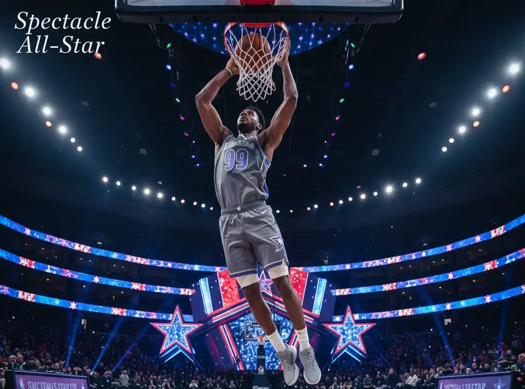 All-Star Game NBA avec dunks spectaculaires et ambiance festive
