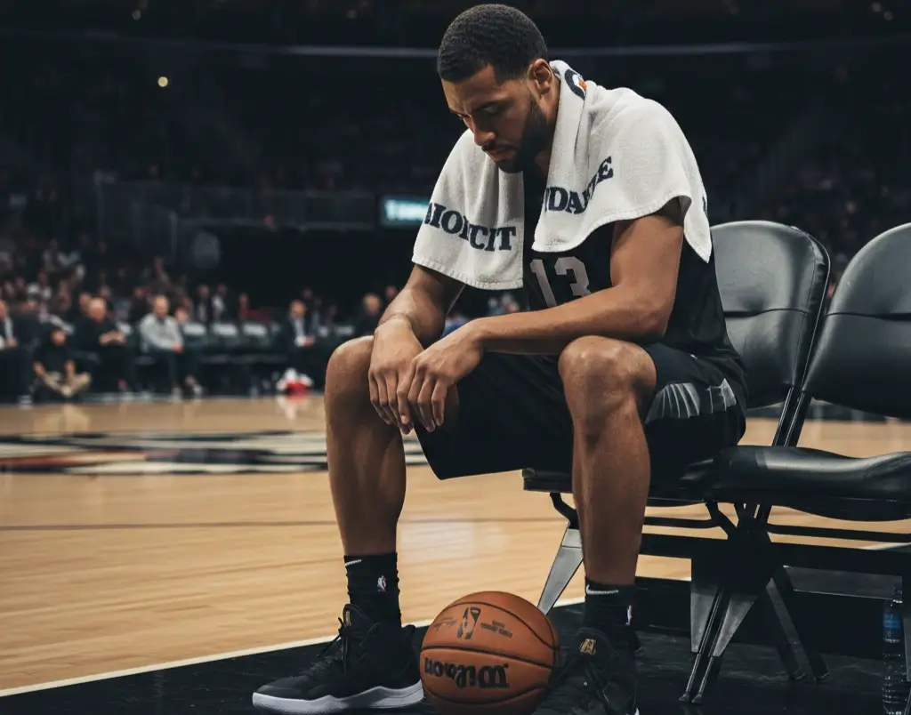 Calendrier NBA et fatigue : joueur de basket épuisé sur le banc
