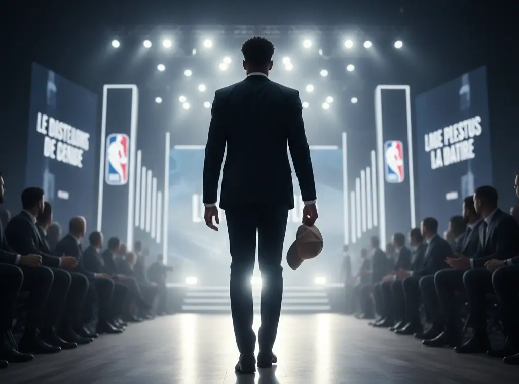 Soirée de la Draft NBA avec prospect tenant sa casquette d'équipe