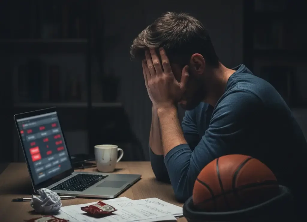 Parieur frustré devant écran avec ticket de paris perdant