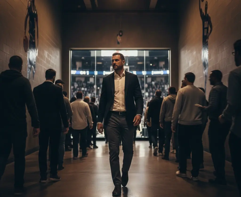 Parieur solitaire allant à contre-courant de la foule devant terrain NBA