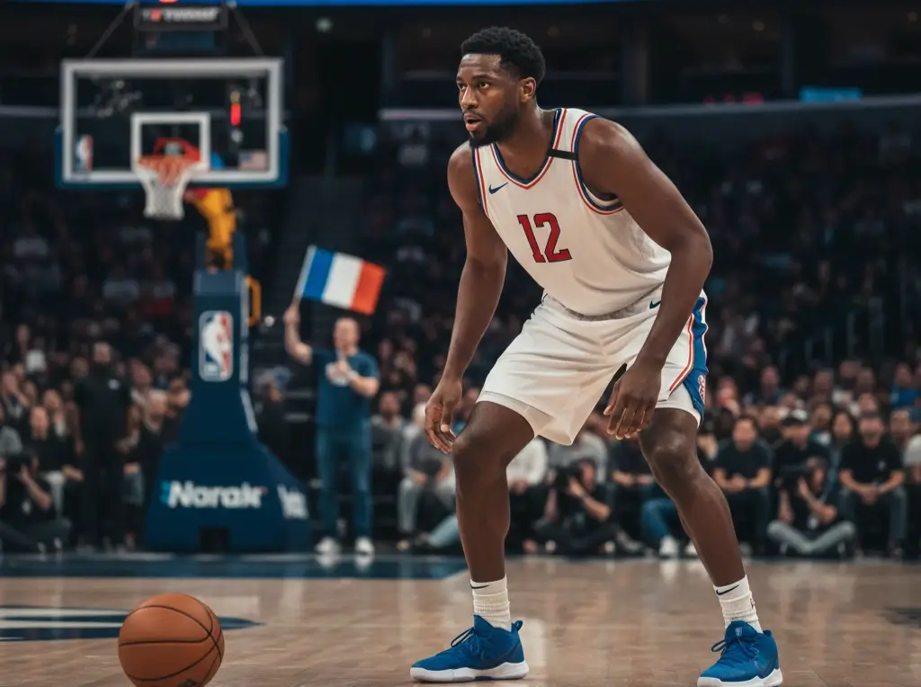 Joueurs français NBA avec drapeau tricolore sur terrain de basket