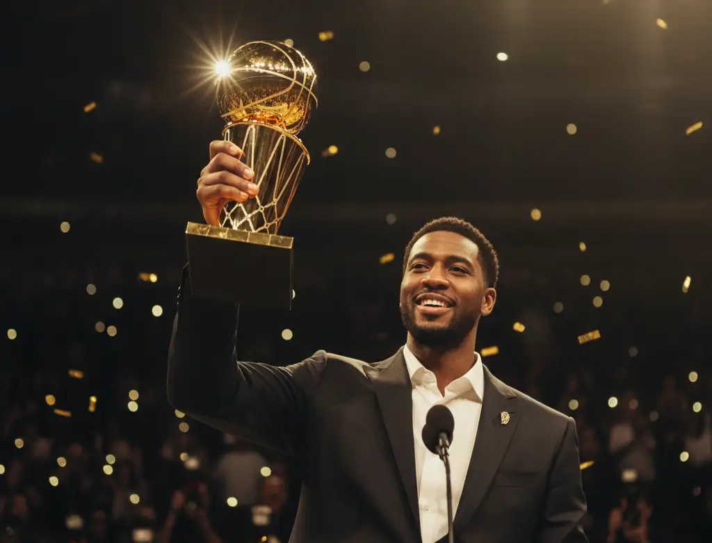 Joueur NBA tenant le trophée MVP avec confettis dorés