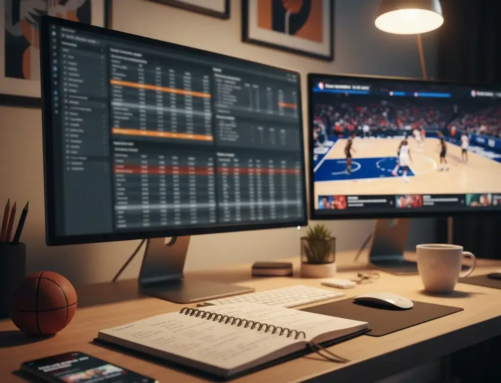 Bureau de parieur NBA avec ordinateur affichant statistiques et cotes