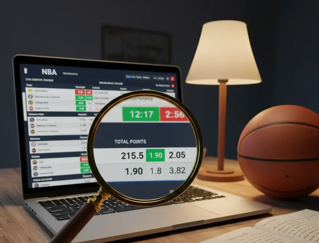 Analyse de cotes NBA sur écran avec loupe symbolique