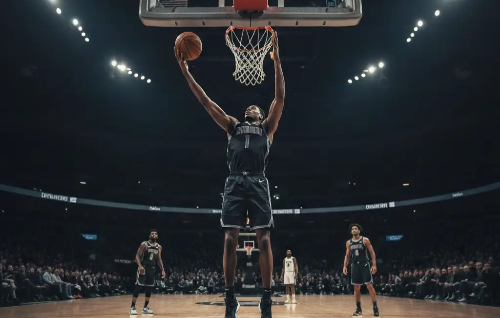 Joueur de basket très grand dominant le terrain avec maillot San Antonio